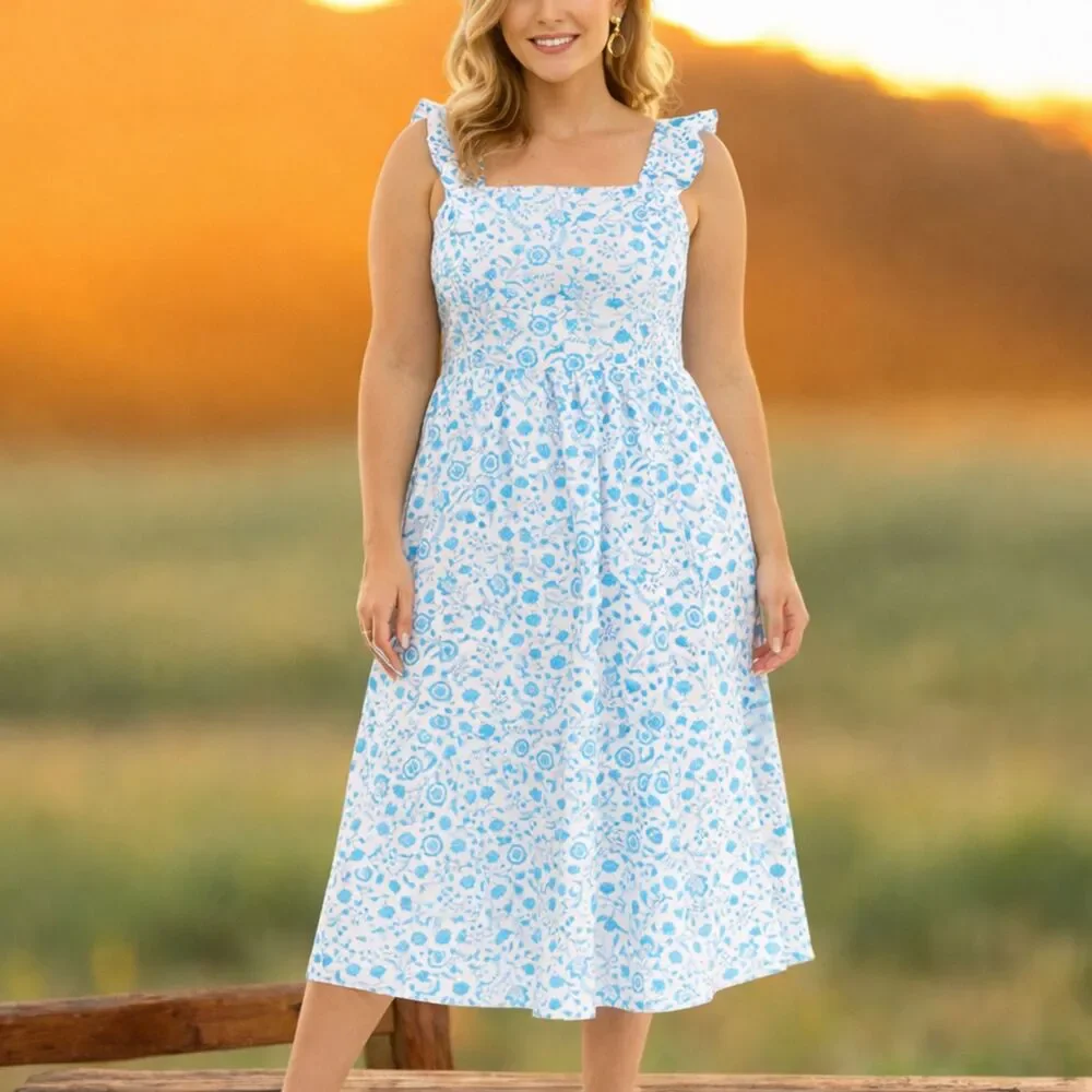 Draper James XL Maxi Sun Dress Ruffled White Blue Flounce Hem Beach Summer EUC